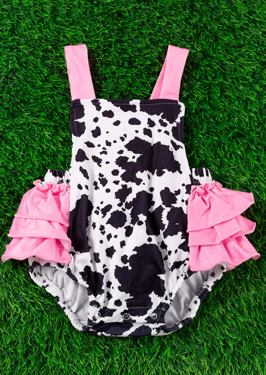 Cow Print & Pink Ruffle Romper